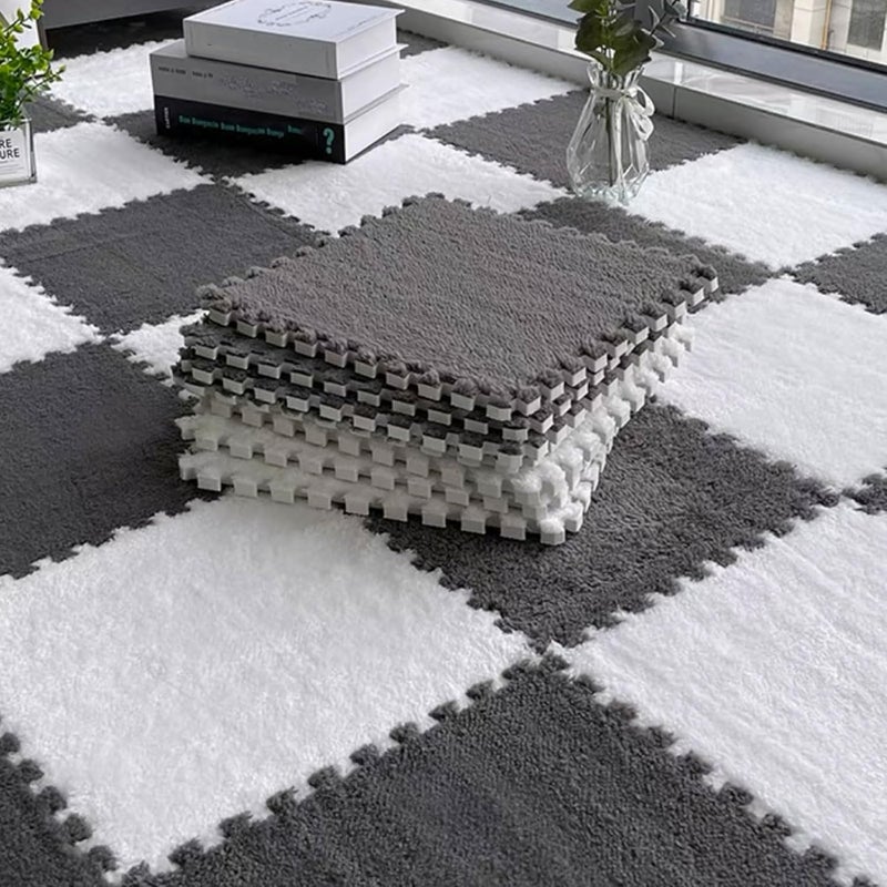 Typutomi 10pcs Plush Puzzle Foam Floor Mat, Soft Fluffy Interlocking Square Foam Tiles Area Rugs Carpet for Parlor Bedroom Decoration(11.8x11.8in, Grey & White) - Image 1